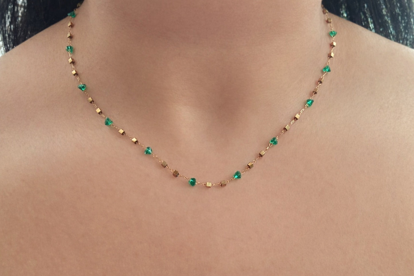 Rosée Verte Necklace – Green Beaded Stainless Steel Necklace