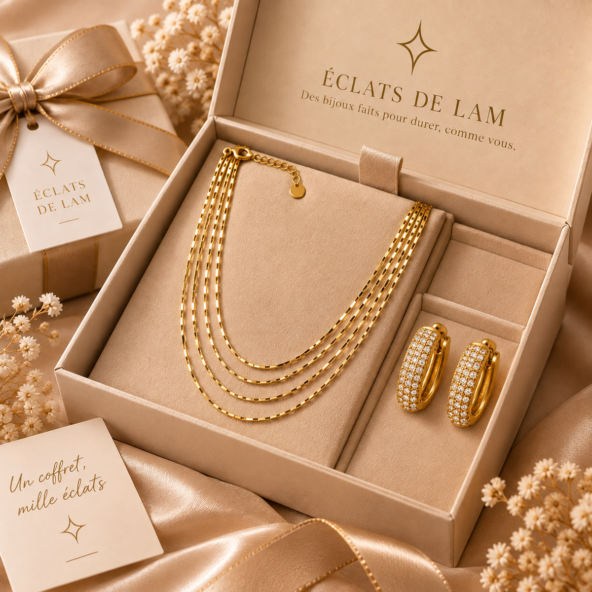 Coffret bijoux femme Éclat Intemporel doré avec collier 4 rangs et boucles d’oreilles