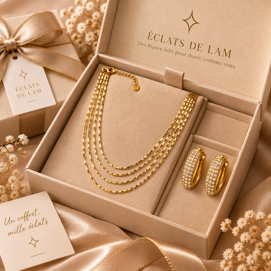 Coffret bijoux femme Éclat Intemporel doré avec collier 4 rangs et boucles d’oreilles