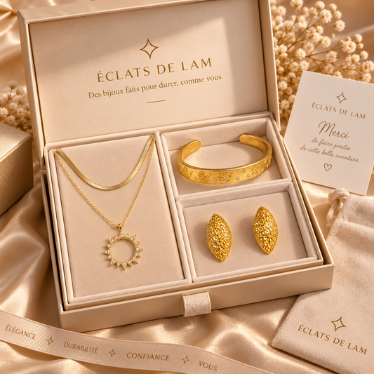 Coffret bijoux femme Éclat Solaire doré en acier inoxydable 316L – 3 bijoux