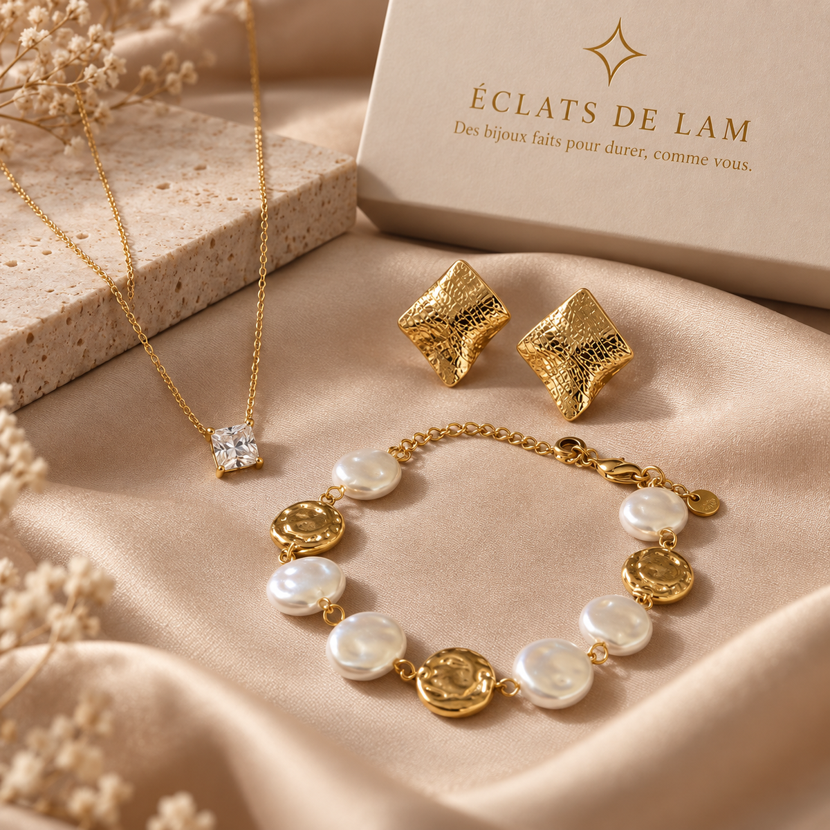 Coffret bijoux femme Éclat Impérial avec collier, boucles d’oreilles et bracelet dorés – Éclats de Lam