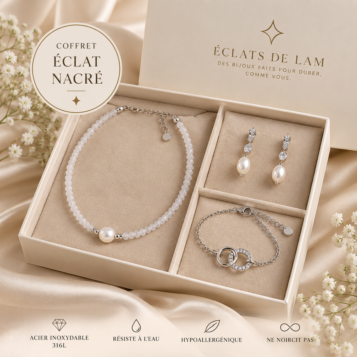 Coffret Éclat Nacré avec collier, boucles d’oreilles et bracelet argentés – Éclats de Lam