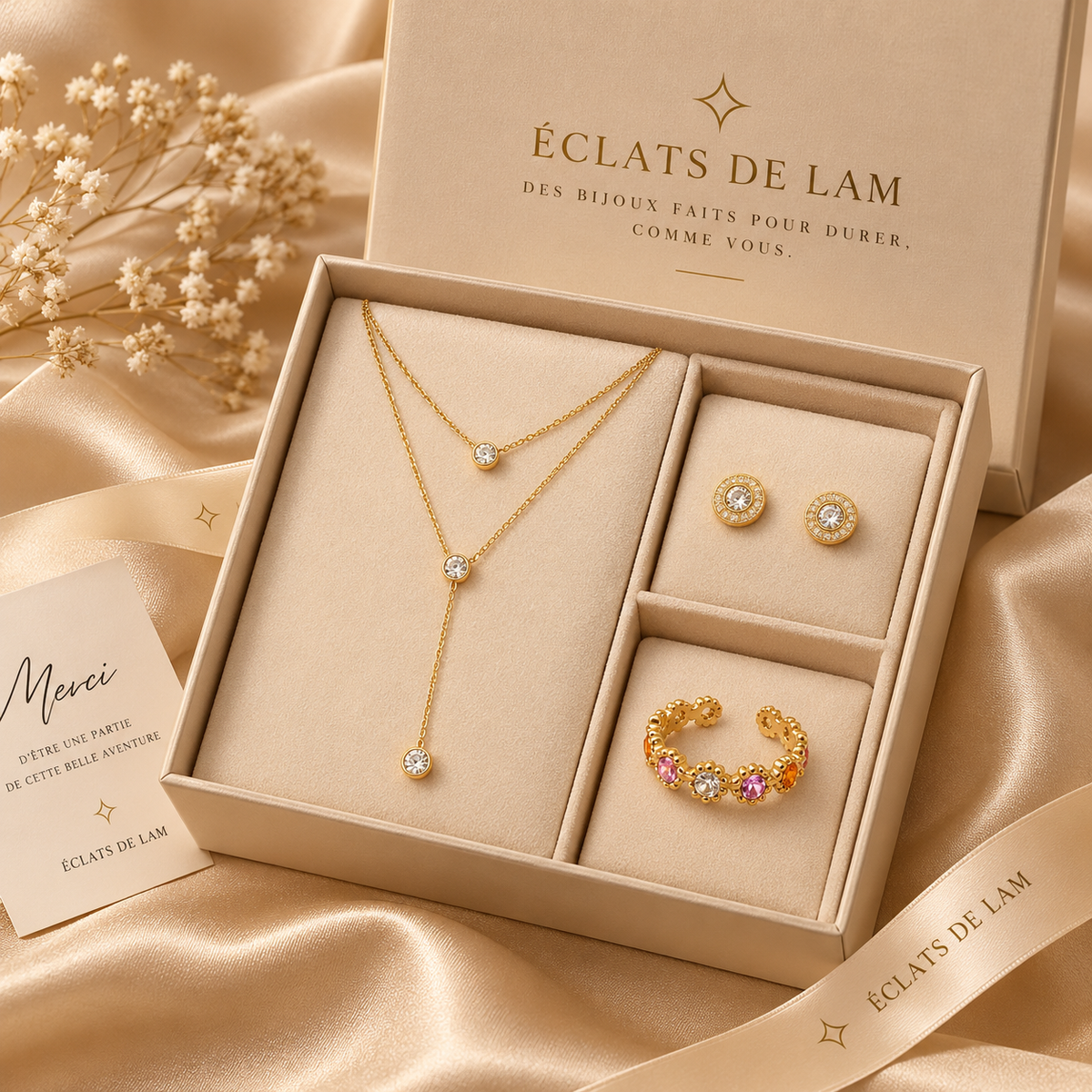 Coffret Éclat Bohème avec collier, bague et boucles d’oreilles dorés – Éclats de Lam